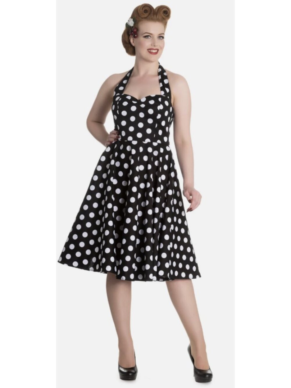 HELL BUNNY VIXEN Marian Black Polka Dot Halter Dress Rockabilly Retro Pinup 50s